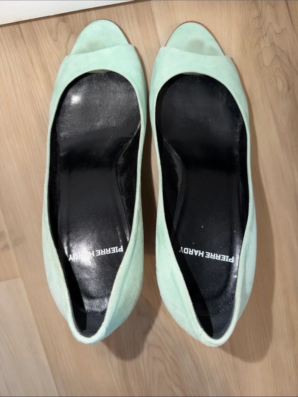 Pierre Hardy Mint Suede Peep-Toe Wedge Pumps